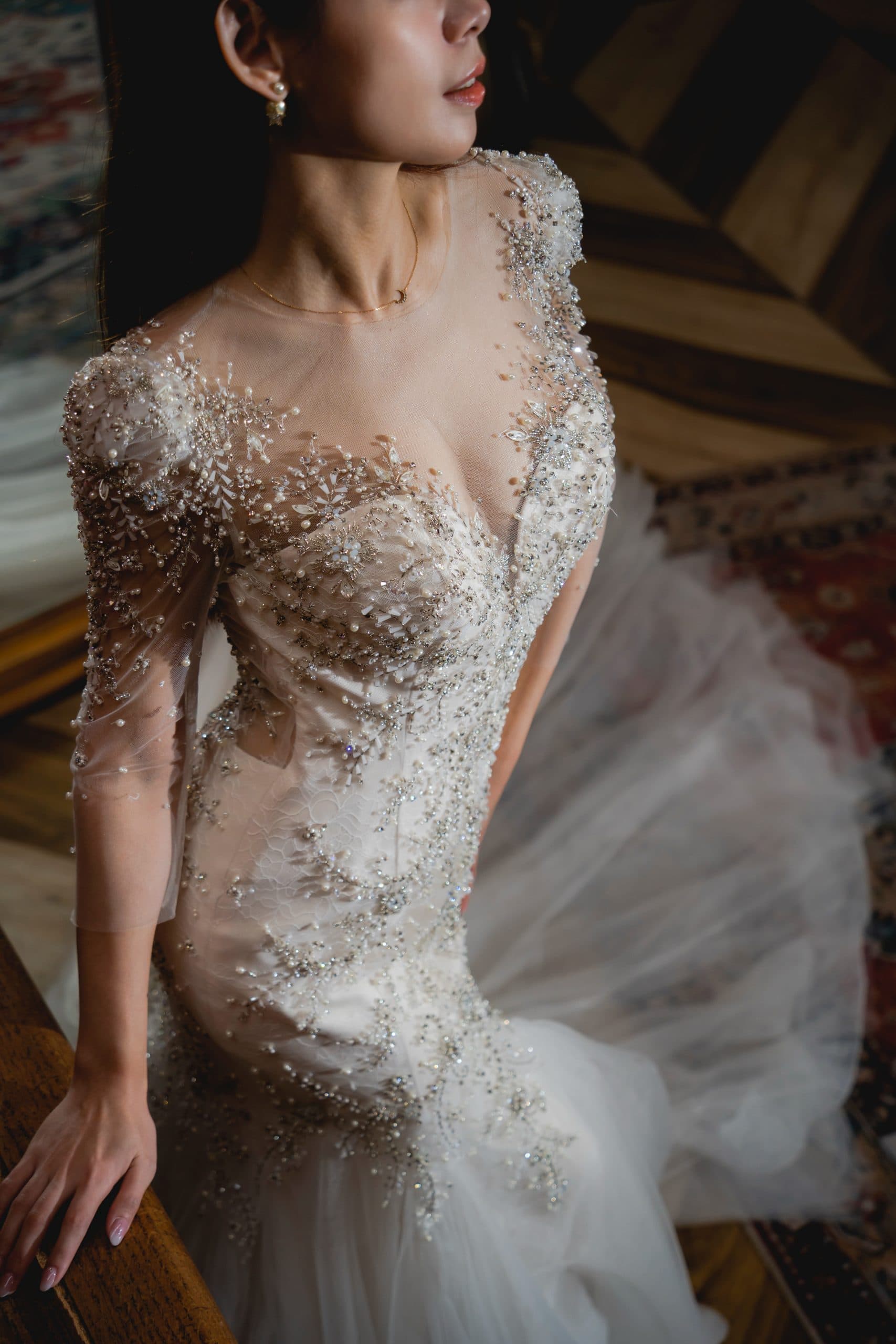 夢幻高級訂製婚紗品牌｜比堤婚紗｜皇室女王魚尾上半身細節